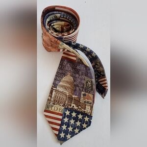 Patriotic Themed 100% Silk Tie - 58.5" Red, Blue, Green And Cream Colors